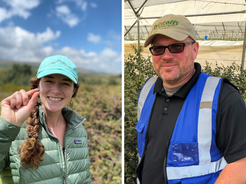 Jessica Gilbert (left), Molecular Blueberry Breeder, and Jim Olmstead (right), Global Blueberry Breeding Director, from Driscoll’s, Inc. 